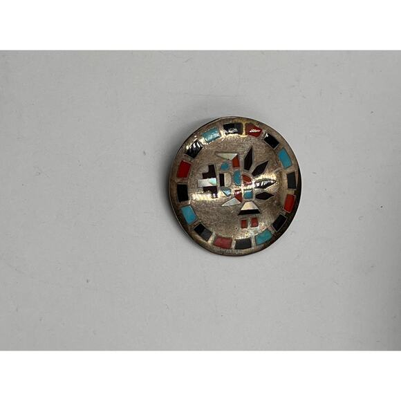 Hesser Lanyate Sterling Zuni Inlay
Rainbow Dancer Turquoise Coral Brooch Pendant - Picture 7 of 8